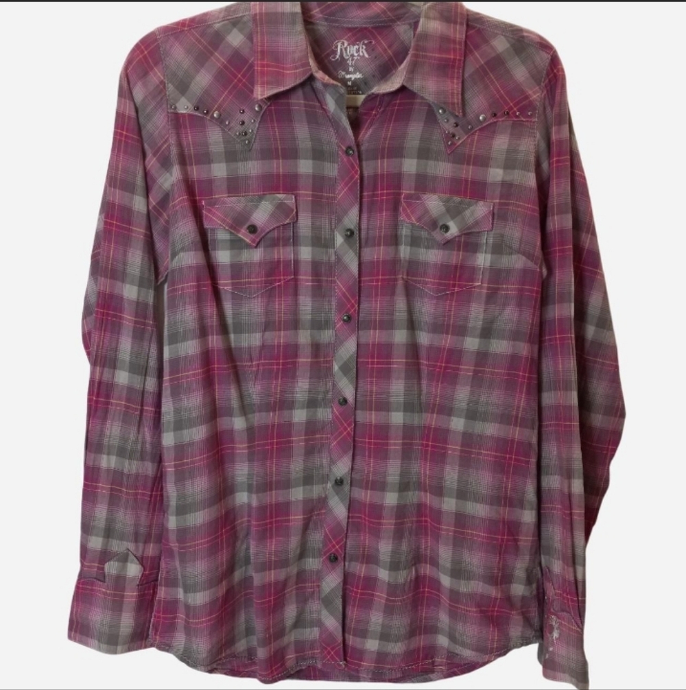 Rock 47 Wrangler Studded Western Button Front Plaid Collar Shirt